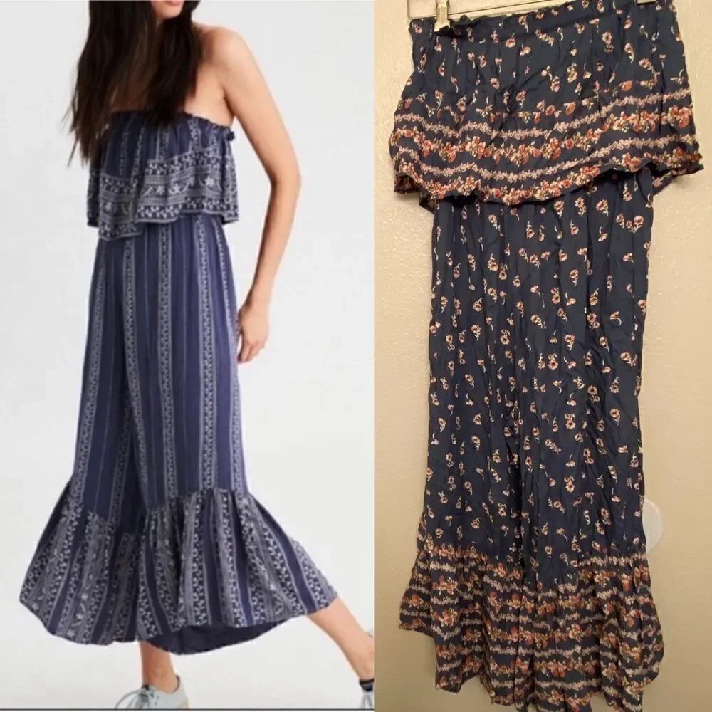 Japna smocked ruffle strapless jumpsuit wide leg palazzo  romantic blue floral M
